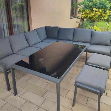 Narożnik na taras na metalowym stelażu ze stołem 160cm i pufami - Sodor Corner XXL - Dark Grey