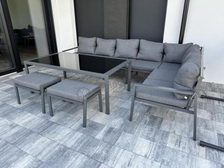 Narożnik na taras na metalowym stelażu ze stołem 160cm i pufami - Sodor Corner XXL - Dark Grey