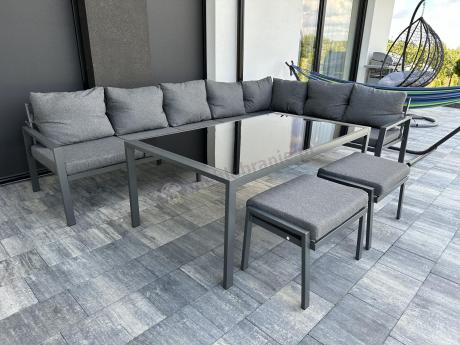 Narożnik na taras na metalowym stelażu ze stołem 160cm i pufami - Sodor Corner XXL - Dark Grey