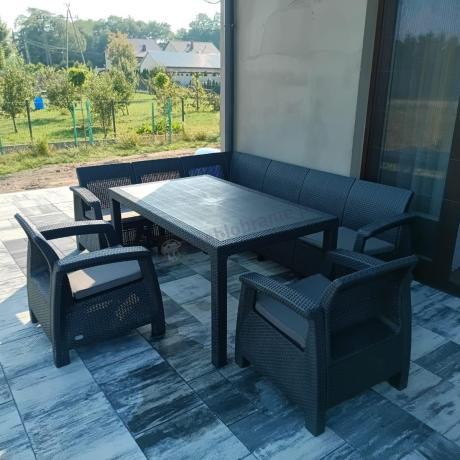 Narożnik na taras Rellme VI ze stołem obiadowym i 2 fotelami grafit