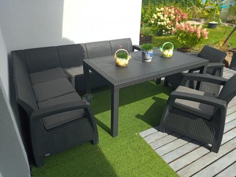 Narożnik na taras Rellme VI ze stołem obiadowym i 2 fotelami grafit