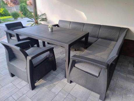 Narożnik na taras Rellme VI ze stołem obiadowym i 2 fotelami grafit