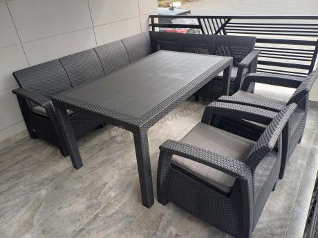 Narożnik na taras Rellme VI ze stołem obiadowym i 2 fotelami grafit