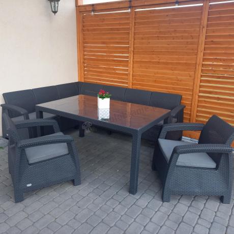 Narożnik na taras Rellme VI ze stołem obiadowym i 2 fotelami grafit