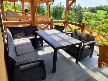 Narożnik na taras Rellme VI ze stołem obiadowym i 2 fotelami grafit