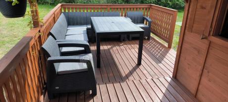 Narożnik na taras Rellme VI ze stołem obiadowym i 2 fotelami grafit