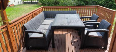 Narożnik na taras Rellme VI ze stołem obiadowym i 2 fotelami grafit