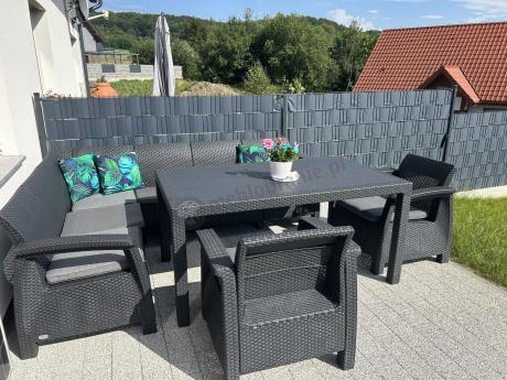 Narożnik na taras Rellme VI ze stołem obiadowym i 2 fotelami grafit