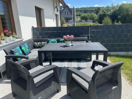 Narożnik na taras Rellme VI ze stołem obiadowym i 2 fotelami grafit