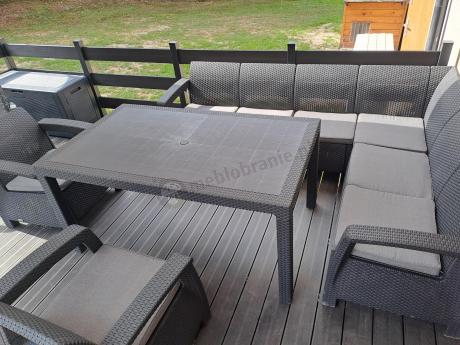Narożnik na taras Rellme VI ze stołem obiadowym i 2 fotelami grafit