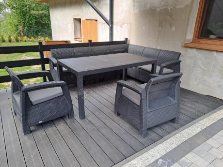 Narożnik na taras Rellme VI ze stołem obiadowym i 2 fotelami grafit