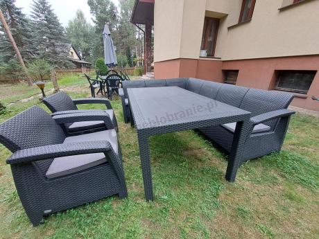 Narożnik na taras Rellme VI ze stołem obiadowym i 2 fotelami grafit