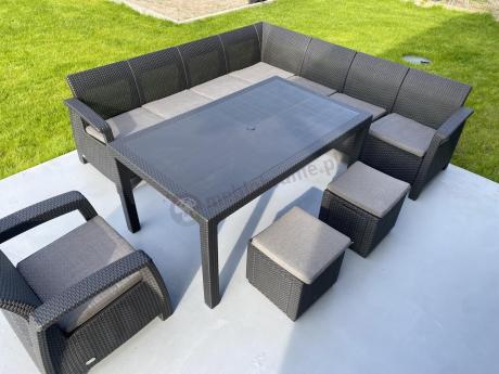 Narożnik na taras Rellme VII grafit ze stołem obiadowym i fotelem + pufy