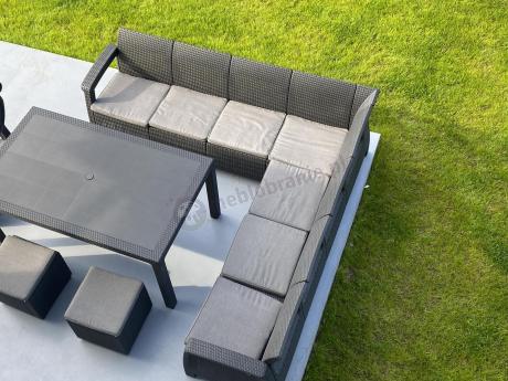 Narożnik na taras Rellme VII grafit ze stołem obiadowym i fotelem + pufy