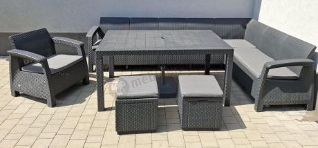 Narożnik na taras Rellme VII grafit ze stołem obiadowym i fotelem + pufy