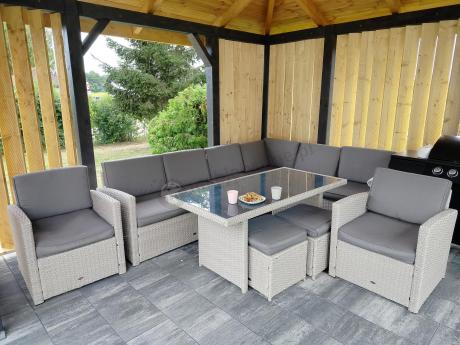 Narożnik na taras z wysokim stołem i fotelami Cofete Light Grey Plus