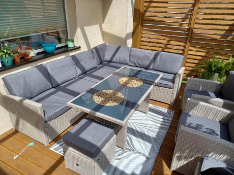 Narożnik na taras z wysokim stołem i fotelami Cofete Light Grey Plus