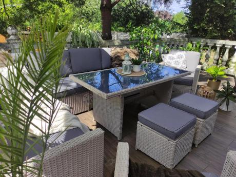 Narożnik na taras z wysokim stołem i fotelami Cofete Light Grey Plus