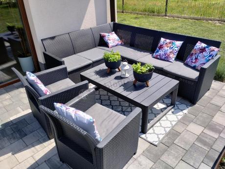 Narożnik ogrodowy 172 x 222cm stół podnoszony i dwoma fotelami - grafitowy