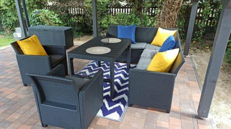 Narożnik ogrodowy 172 x 222cm stół podnoszony i dwoma fotelami - grafitowy