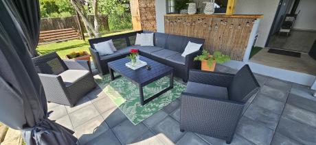 Narożnik ogrodowy 172 x 222cm stół podnoszony i dwoma fotelami - grafitowy