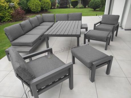 Narożnik ogrodowy 283x222 cm ze stołem 160, fotelami i pufami - Calamba Corner XL - Antracite