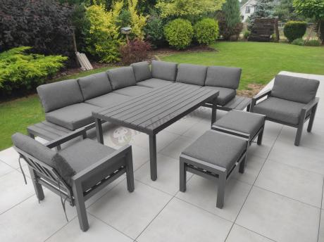 Narożnik ogrodowy 283x222 cm ze stołem 160, fotelami i pufami - Calamba Corner XL - Antracite