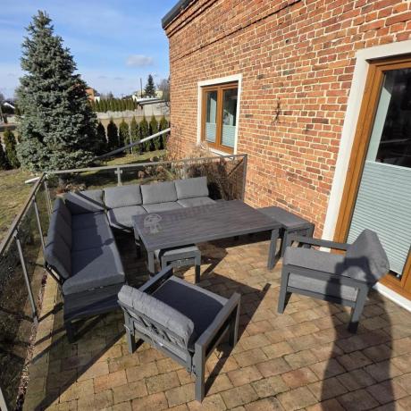 Narożnik ogrodowy 283x222 cm ze stołem 160, fotelami i pufami - Calamba Corner XL - Antracite