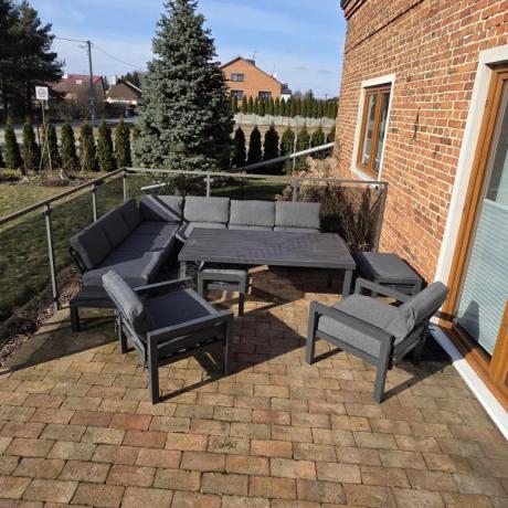 Narożnik ogrodowy 283x222 cm ze stołem 160, fotelami i pufami - Calamba Corner XL - Antracite