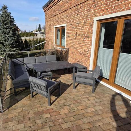 Narożnik ogrodowy 283x222 cm ze stołem 160, fotelami i pufami - Calamba Corner XL - Antracite