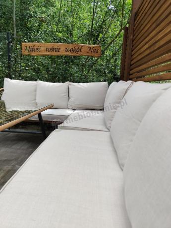 Narożnik ogrodowy boho rope style z dużym stołem, fotelem i pufami Torgiano Corner XL beżowy