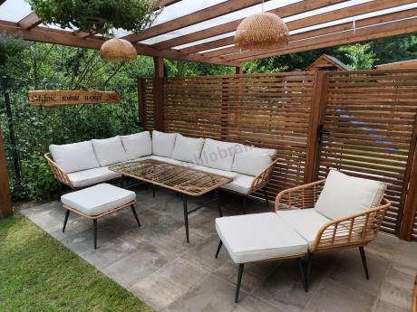 Narożnik ogrodowy boho rope style z dużym stołem, fotelem i pufami Torgiano Corner XL beżowy