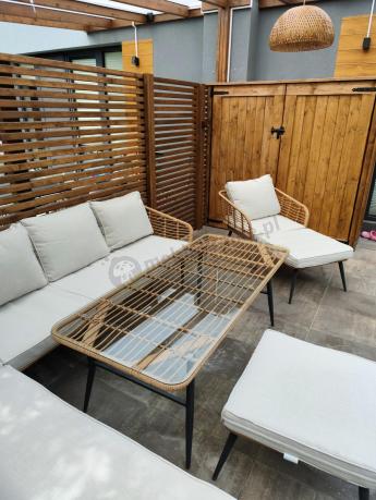 Narożnik ogrodowy boho rope style z dużym stołem, fotelem i pufami Torgiano Corner XL beżowy