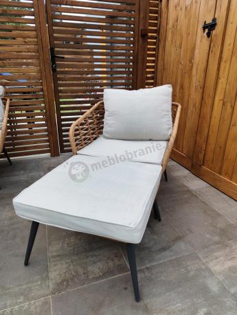 Narożnik ogrodowy boho rope style z dużym stołem, fotelem i pufami Torgiano Corner XL beżowy