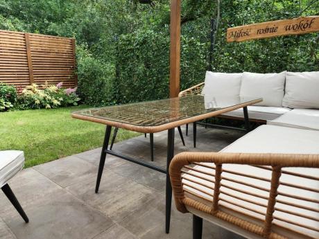 Narożnik ogrodowy boho rope style z dużym stołem, fotelem i pufami Torgiano Corner XL beżowy