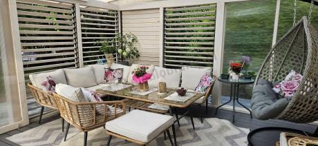 Narożnik ogrodowy boho rope style z dużym stołem, fotelem i pufami Torgiano Corner XL beżowy