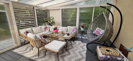 Narożnik ogrodowy boho rope style z dużym stołem, fotelem i pufami Torgiano Corner XL beżowy