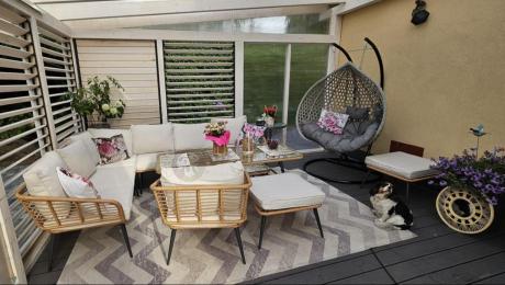 Narożnik ogrodowy boho rope style z dużym stołem, fotelem i pufami Torgiano Corner XL beżowy