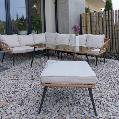 Narożnik ogrodowy boho rope style z dużym stołem, fotelem i pufami Torgiano Corner XL beżowy