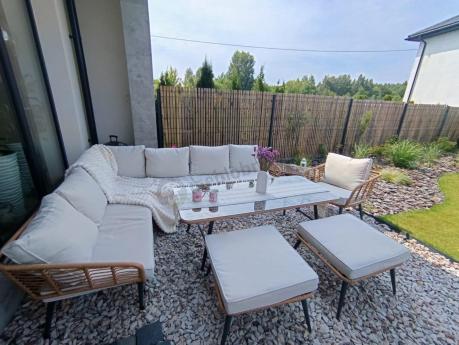 Narożnik ogrodowy boho rope style z dużym stołem, fotelem i pufami Torgiano Corner XL beżowy