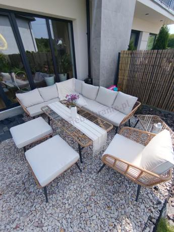 Narożnik ogrodowy boho rope style z dużym stołem, fotelem i pufami Torgiano Corner XL beżowy