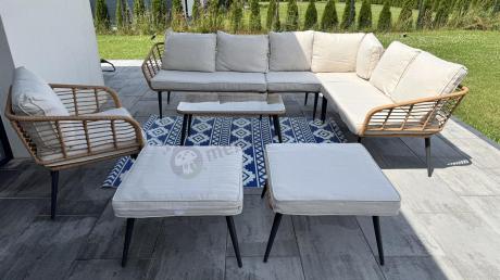 Narożnik ogrodowy boho rope style z dużym stołem, fotelem i pufami Torgiano Corner XL beżowy