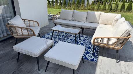 Narożnik ogrodowy boho rope style z dużym stołem, fotelem i pufami Torgiano Corner XL beżowy