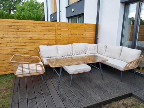 Narożnik ogrodowy boho rope style z dużym stołem, fotelem i pufami Torgiano Corner XL beżowy