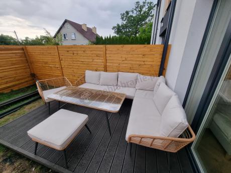 Narożnik ogrodowy boho rope style z dużym stołem, fotelem i pufami Torgiano Corner XL beżowy