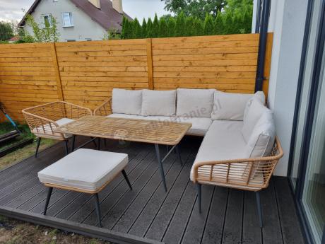 Narożnik ogrodowy boho rope style z dużym stołem, fotelem i pufami Torgiano Corner XL beżowy