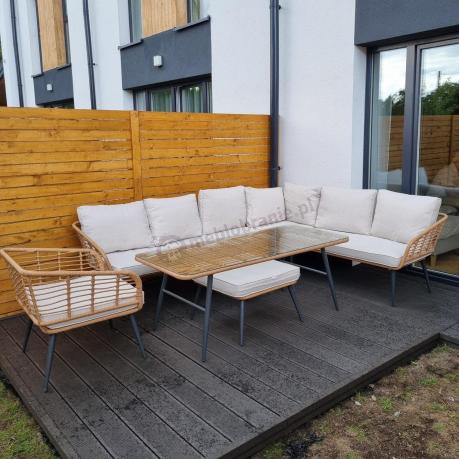 Narożnik ogrodowy boho rope style z dużym stołem, fotelem i pufami Torgiano Corner XL beżowy