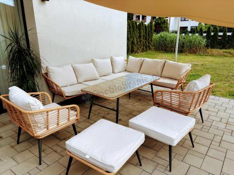 Narożnik ogrodowy boho rope style z dużym stołem, fotelem i pufami Torgiano Corner XL beżowy