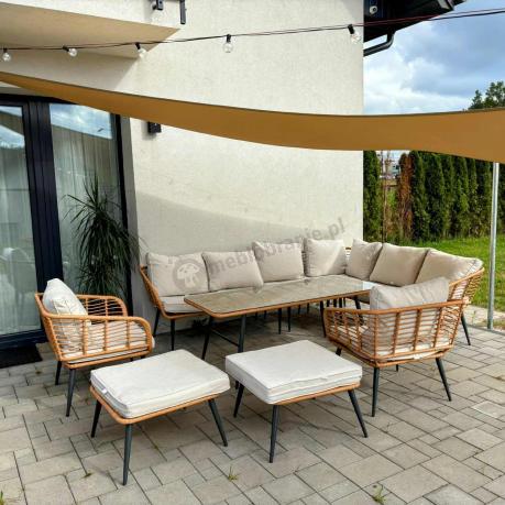 Narożnik ogrodowy boho rope style z dużym stołem, fotelem i pufami Torgiano Corner XL beżowy