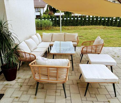 Narożnik ogrodowy boho rope style z dużym stołem, fotelem i pufami Torgiano Corner XL beżowy